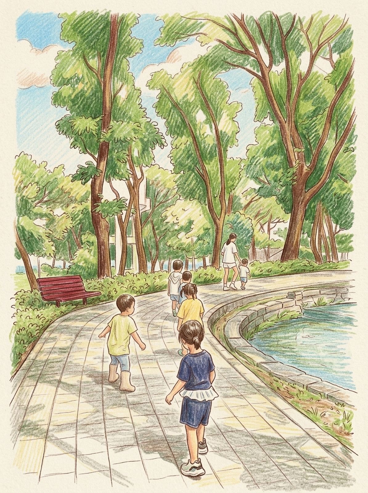 手繪插畫：孩子們牽著手走在公園的小徑上